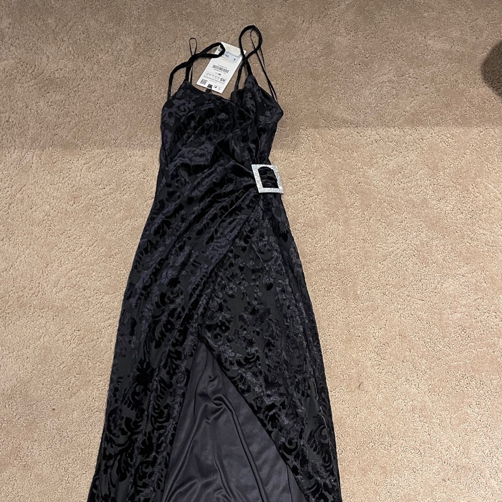 Zara Black Velvet Maxi Dress with Buckle Detail